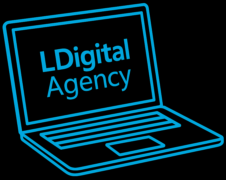 Ordinateur portable bleu avec le logo LDigital Agency, agence digitale à Nice spécialisée en SEO, SEA et création de sites web.